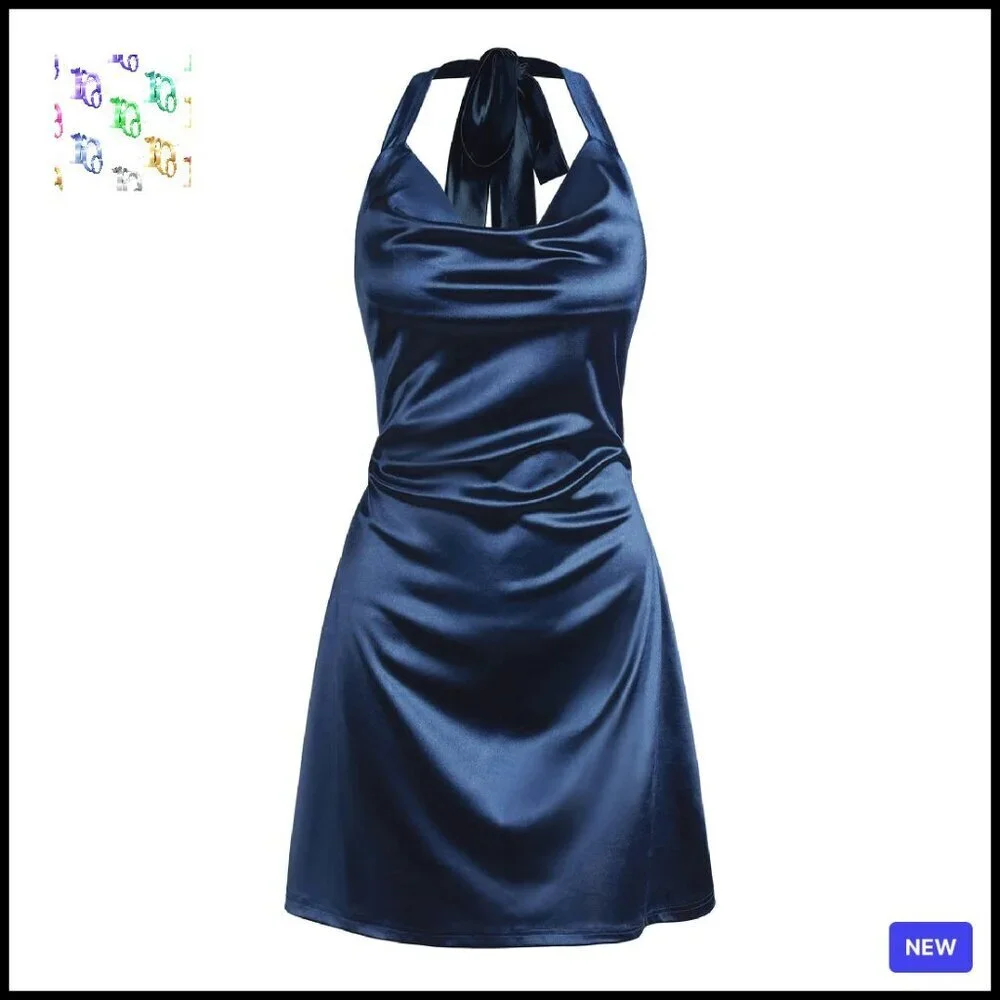 Satin Halterneck Mini Dress Elegant Cowl Neck Silky Party Cocktail Club Wear